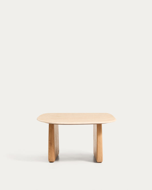 Pirita side table in beige travertine with solid oak wood legs with a natural-coloured finish 71 x 70cm FSC 100%