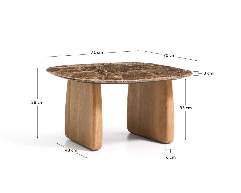 Pirita side table in brown marble with solid oak wood legs with a natural-tone finish 71 x 70cm FSC 100%