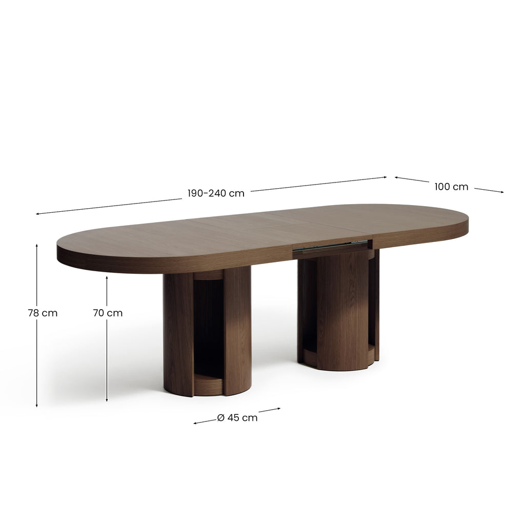 Artis extendable oval table in solid wood and oak veneer with a walnut finish, FSC 100%, 190 (240) x 100 cm