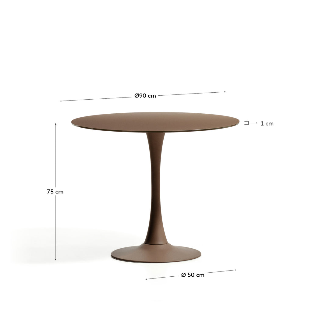 Round Vedira table in glass and brown steel Ø90 cm
