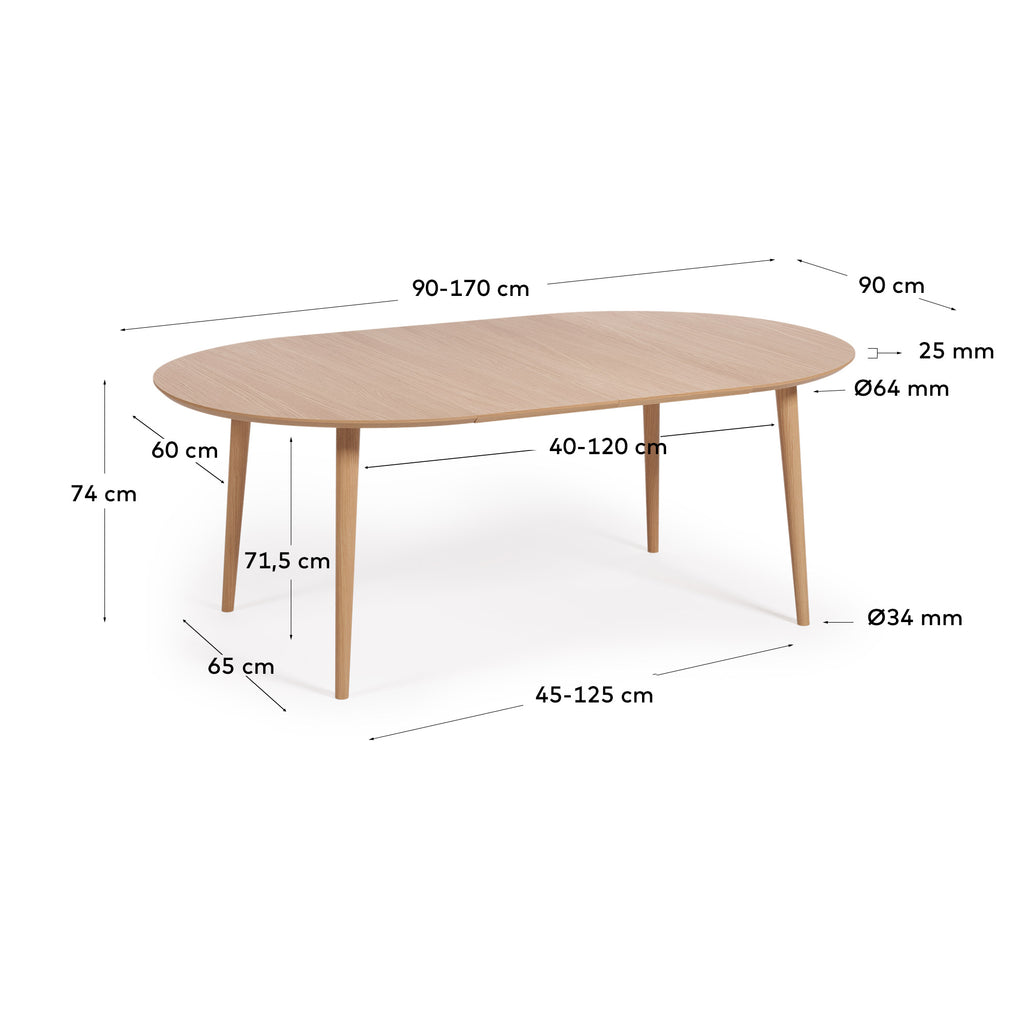 Oqui extendable round table in MDF oak veneer and solid wood legs, 90 (170) x 90 cm