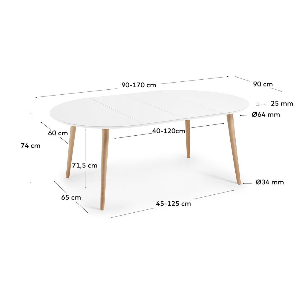 Oqui extendable round table in MDF with white lacquer and solid beech wood legs, 90 (170) x 90 cm