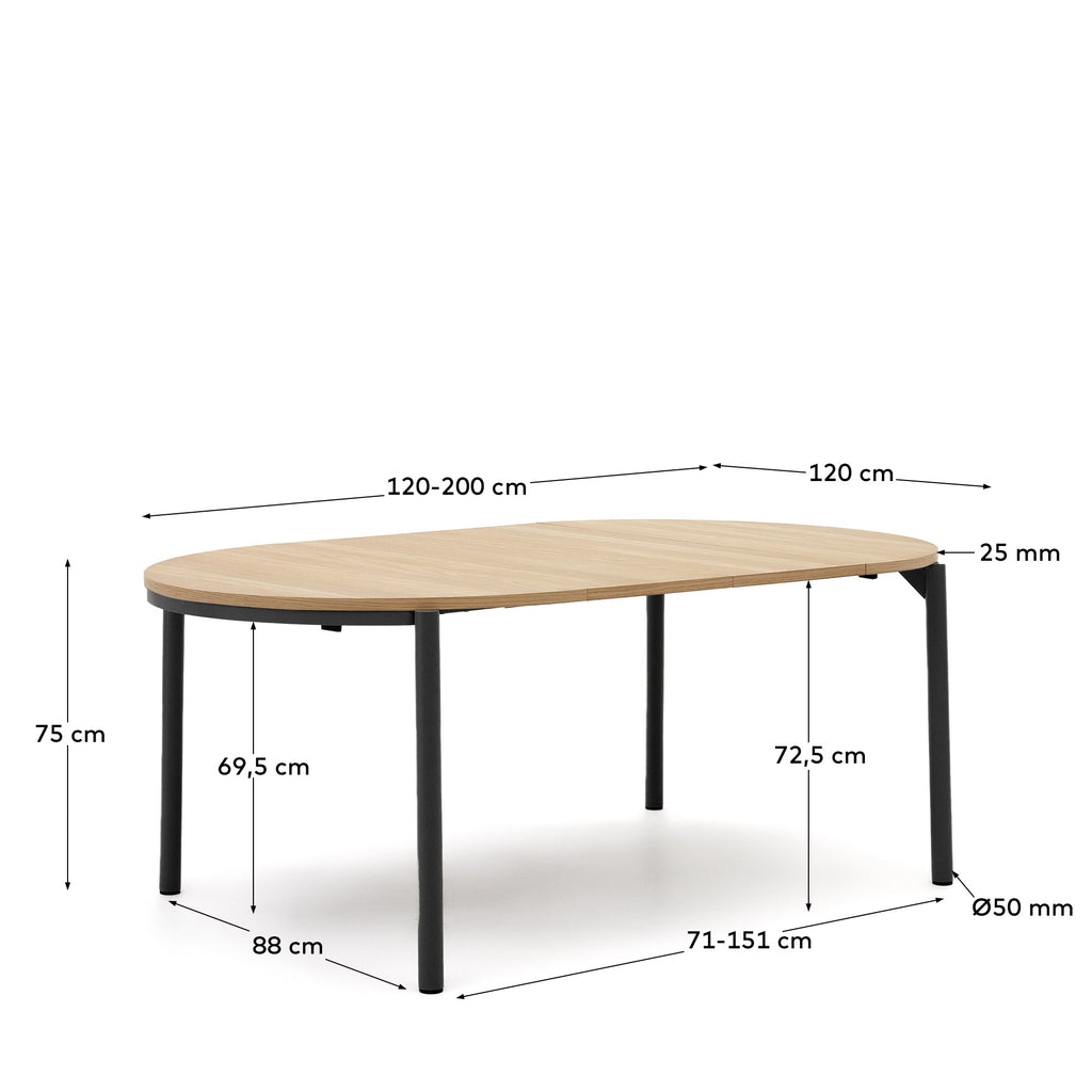 Montuiri extendable round table in oak veneer and steel legs with black finish, Ø 120 (200) cm