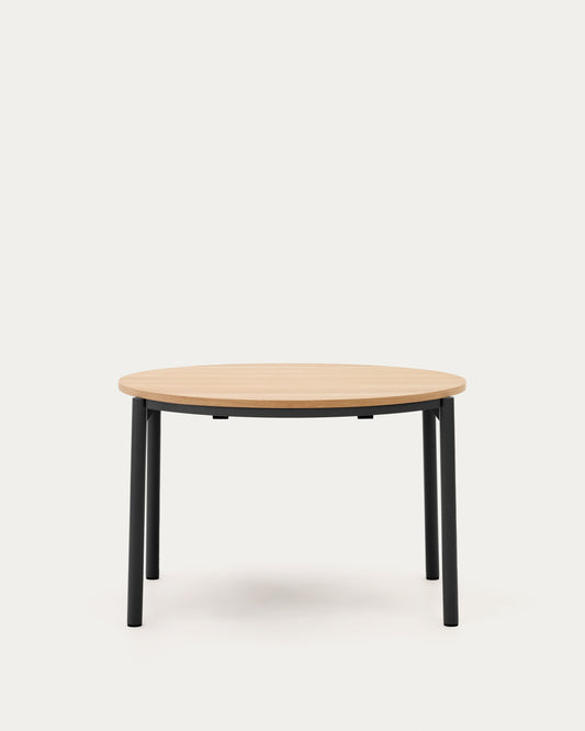 Montuiri extendable round table in oak veneer and steel legs with black finish, Ø 120 (200) cm