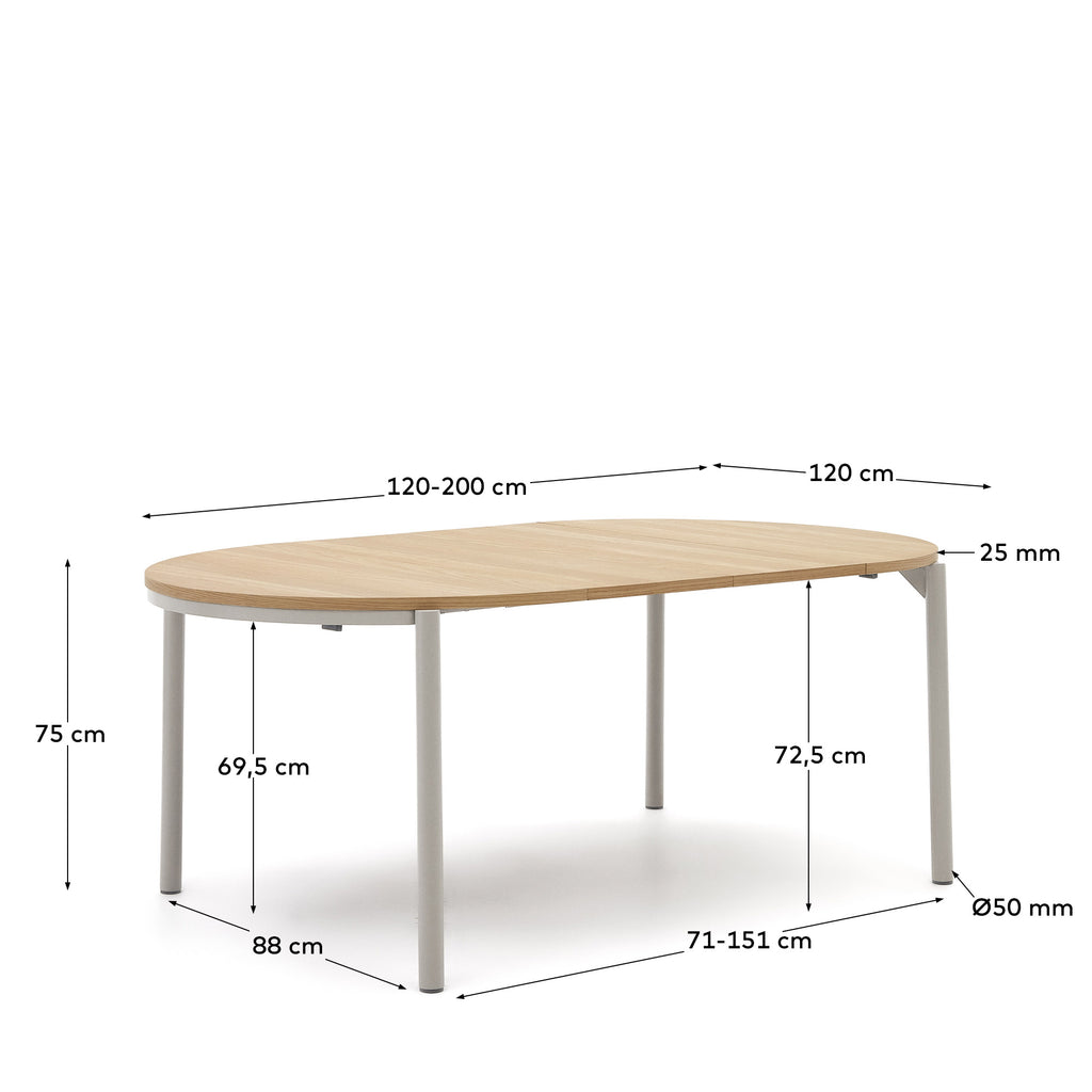 Montuiri extendable round table in oak veneer and steel legs with grey finish, Ø 120 (200) cm