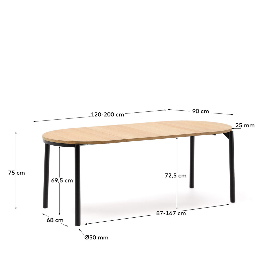 Montuiri extendable table in oak veneer and with steel legs in a black finish,  Ø120(200) x 90 cm