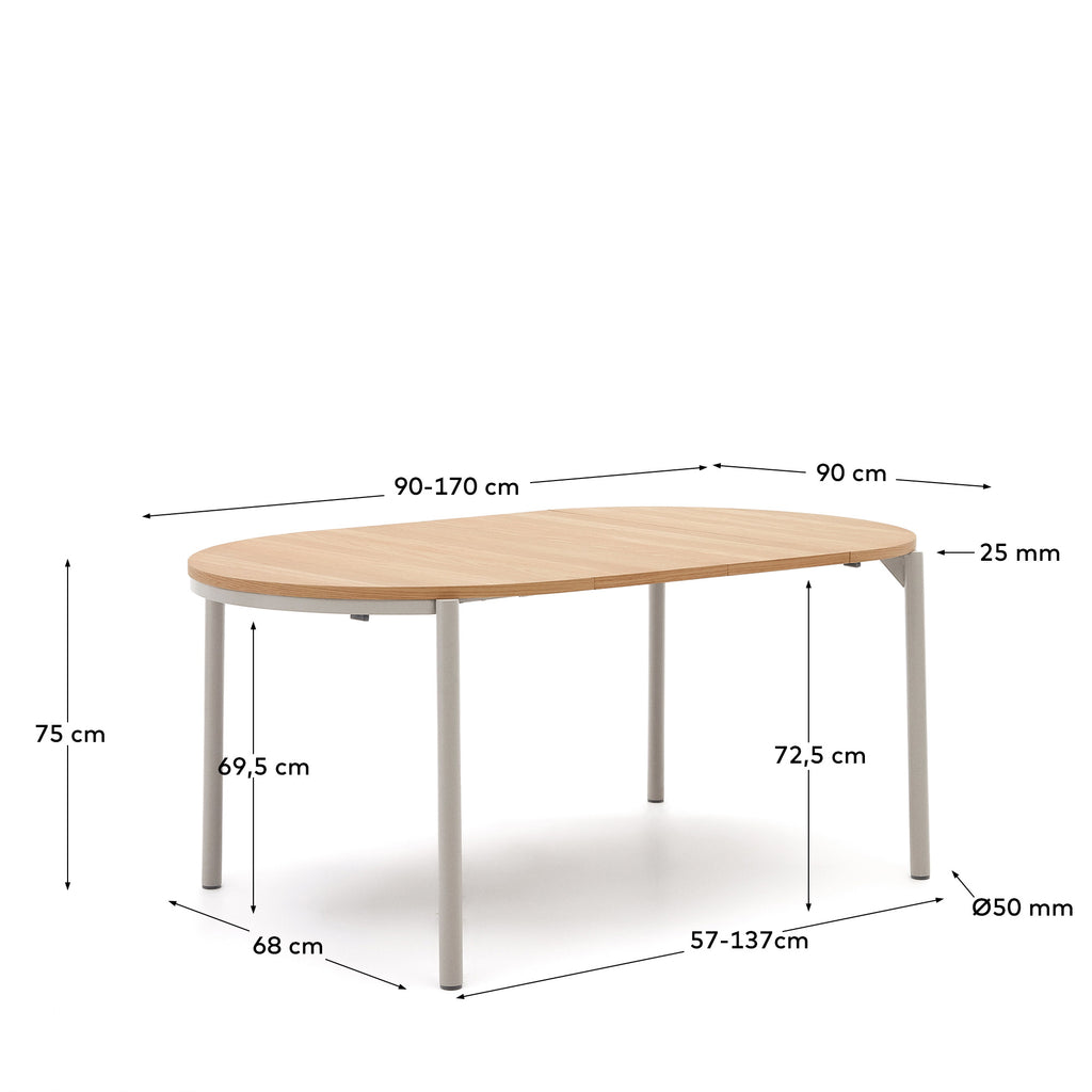 Montuiri round extendable table in oak veneer and with steel legs in a grey finish,  Ø90(170) cm