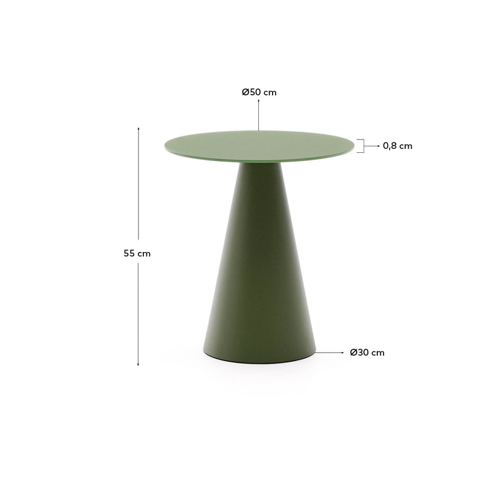 Wilshire side table with frosted tempered glass and matt green painted steel finish Ø50cm