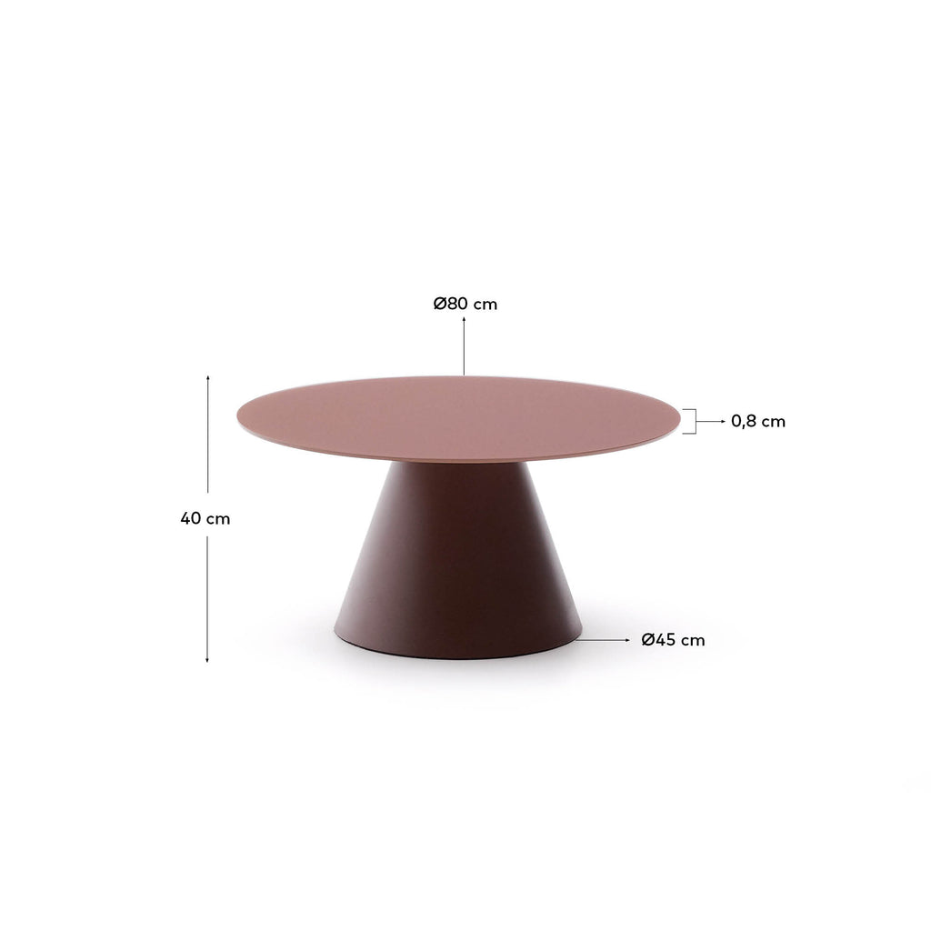 Wilshire coffee table with frosted tempered glass and matt terracotta painted steel finish Ø80cm