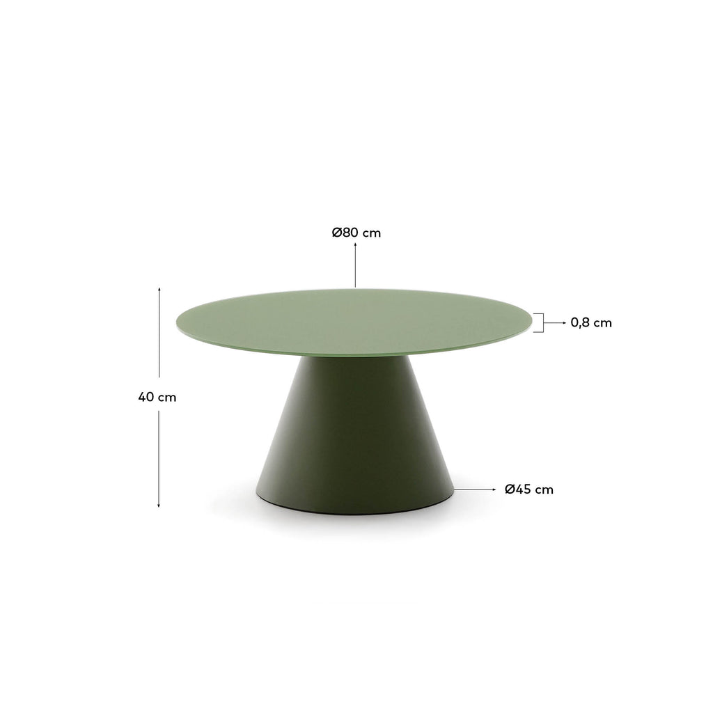 Wilshire coffee table with frosted tempered glass and matt green painted steel finish Ø80cm