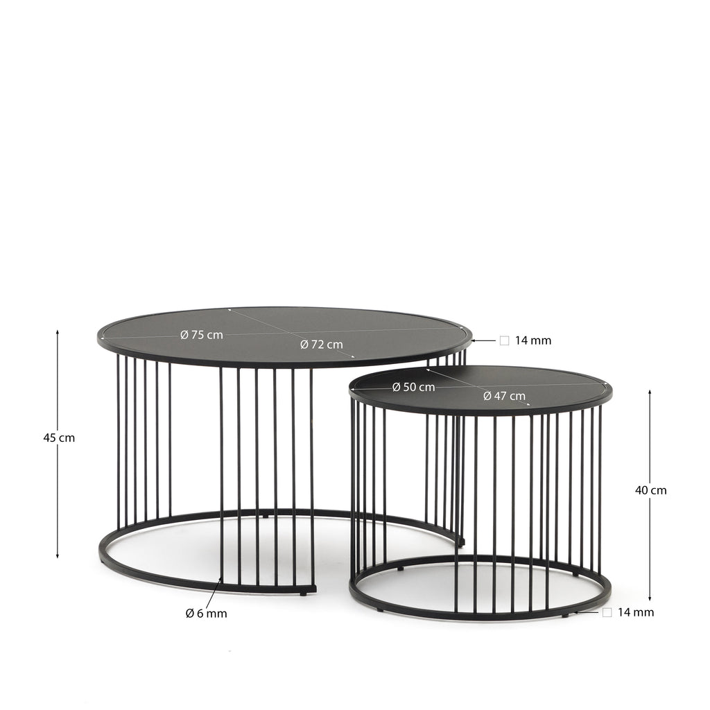 Hadar set of 2 tempered glass & metal side tables with matte black finish, Ø 75cm / Ø 45cm