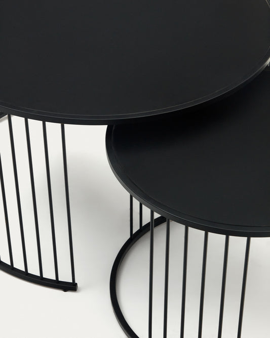 Hadar set of 2 tempered glass & metal side tables with matte black finish, Ø 75cm / Ø 45cm