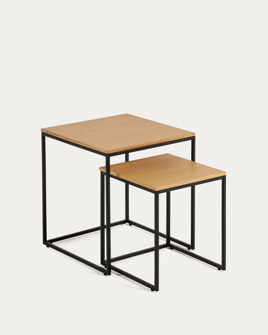 Yoana set of 2 nesting side tables with oak wood veneer and black painted metal structure