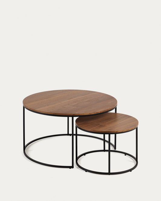 Yoana set of 2 nesting side tables with walnut veneer and black metal, Ø 80 cm / Ø 50 cm