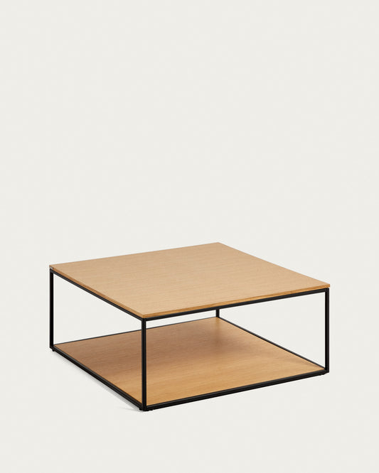 Yoana coffee table with oak wood veneer and painted black metal structure, 80 x 80 cm