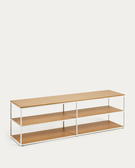 Yoana TV stand with oak veneer and painted white metal structure, 160 x 40 cm