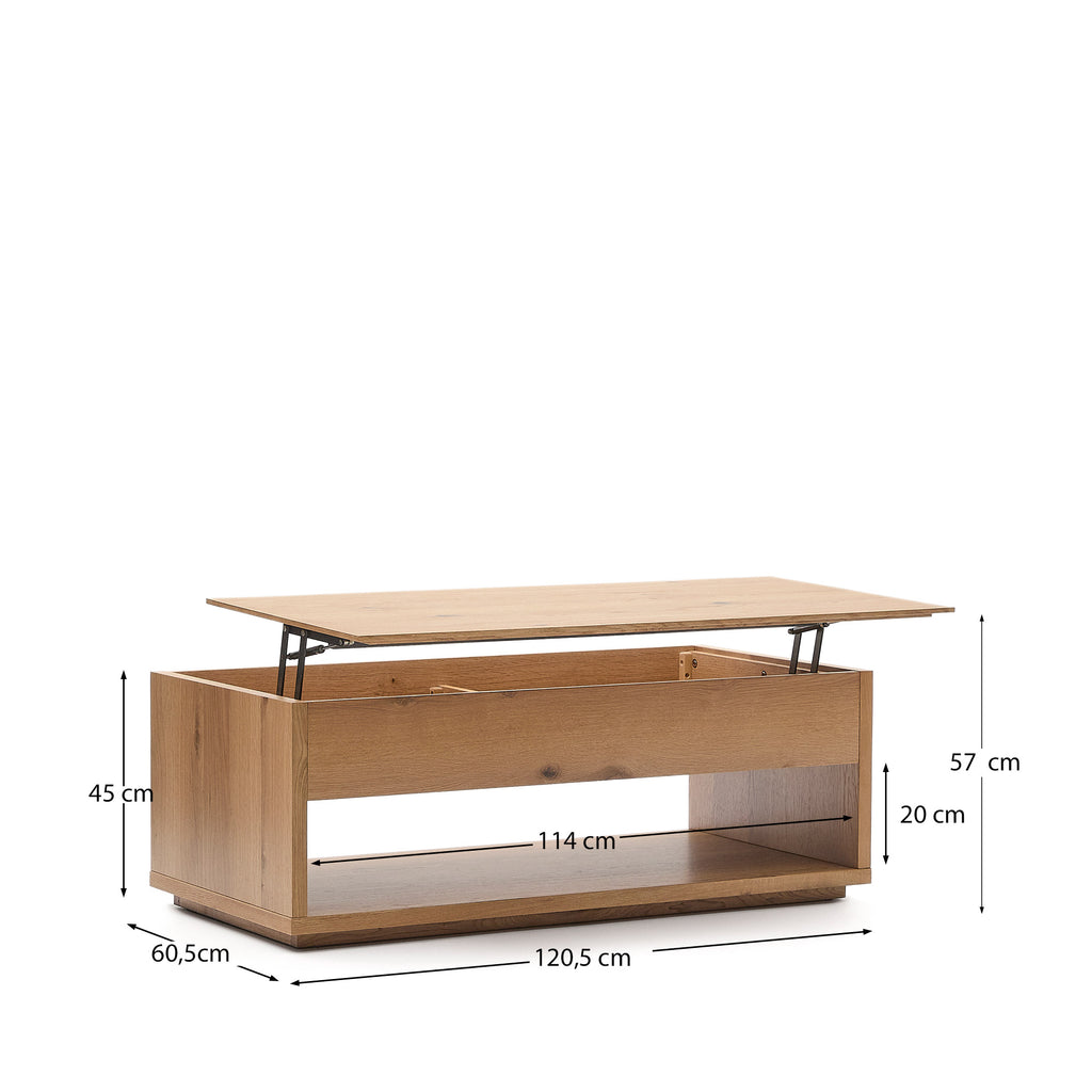 Alguema raisable coffee table in oak veneer with natural finish 120 x 60 cm