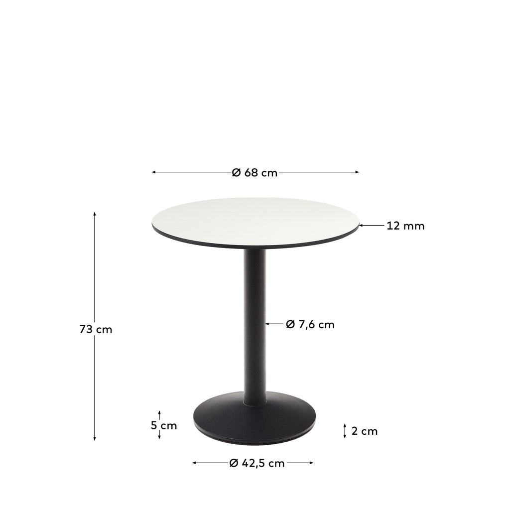 Esilda round outdoor table in white with metal leg in a painted black finish, Ø 70 x 70 cm