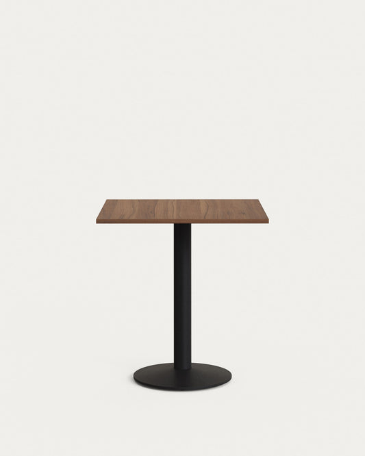 Esilda table in walnut finish melamine with metal leg in a painted black finish, 70 x 70 x 70 cm