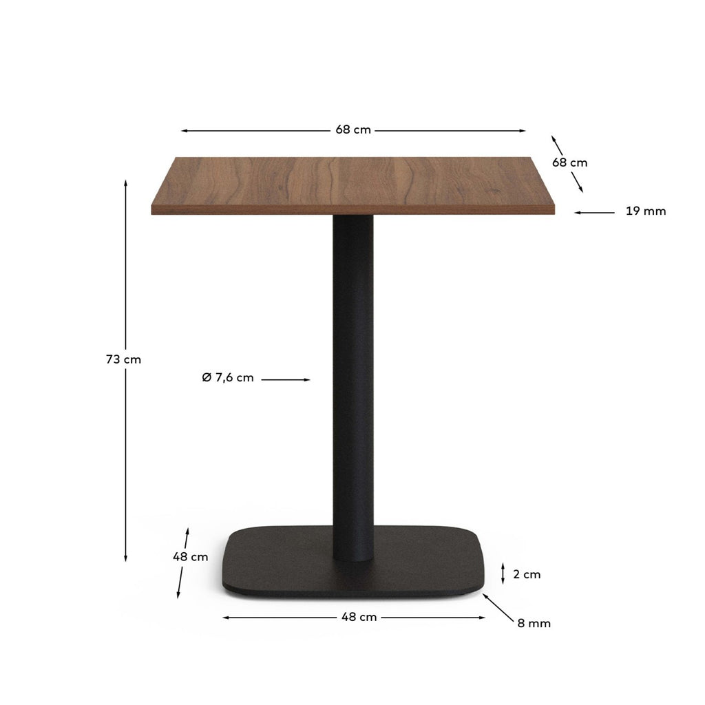 Dina table in walnut finish melamine with metal leg in a painted black finish, 70 x 70 x 70 cm