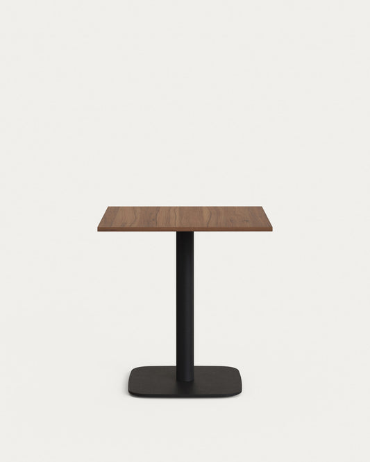 Dina table in walnut finish melamine with metal leg in a painted black finish, 70 x 70 x 70 cm