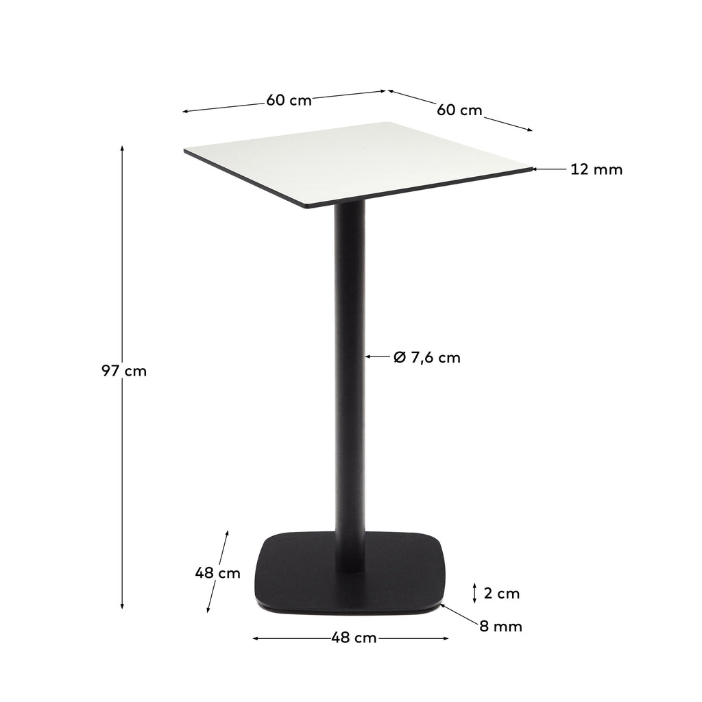 Dina high outdoor table in white with metal leg in a painted black finish, 60x60x96 cm