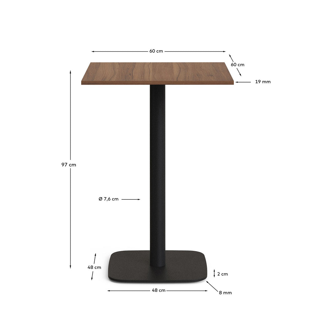 Dina high table in walnut finish melamine with metal leg in a painted black finish, 60x60x96 cm