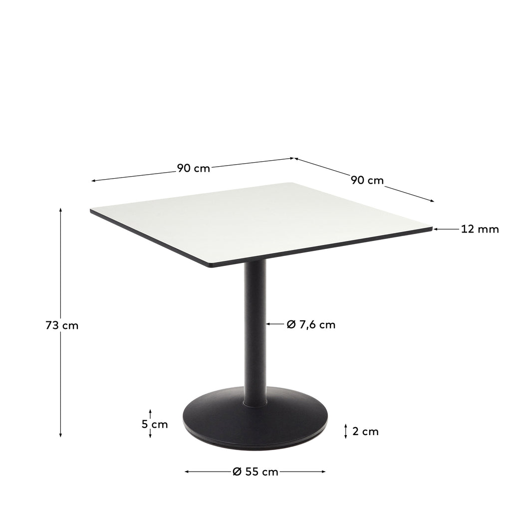 Esilda outdoor table in white with metal leg in a painted black finish, 90 x 90 x 70 cm