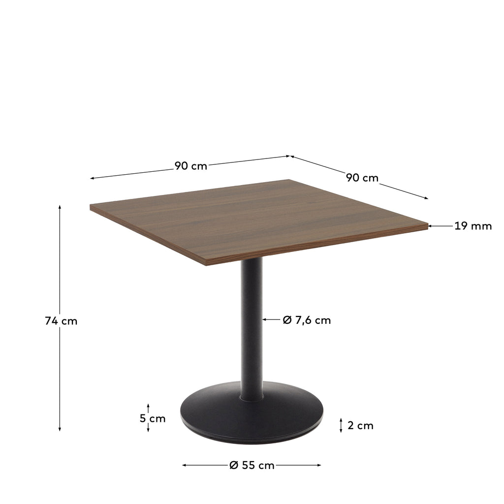 Esilda table in walnut finish melamine with metal leg in a painted black finish, 90 x 90 x 70 cm