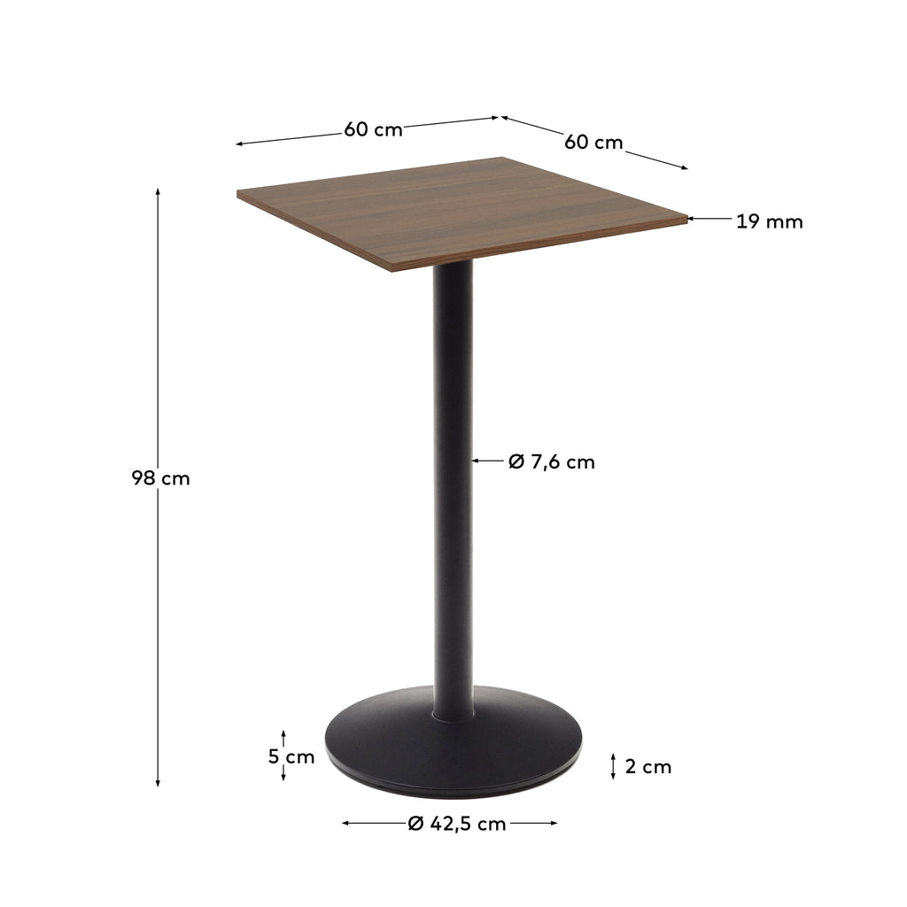 Esilda high table in walnut finish melamine with metal leg in a painted black finish, 60x60x96 cm