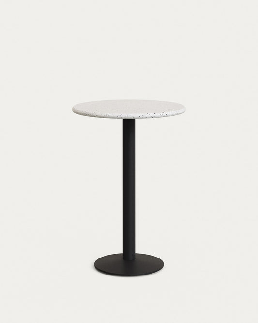 Saura round high bar table made of black metal with a white terrazzo top, 96 x Ø70 cm