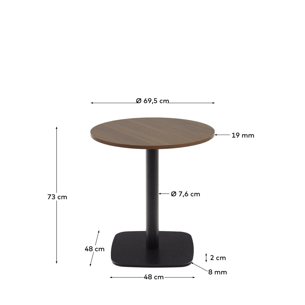 Dina round table in walnut finish melamine with metal leg in a painted black finish, Ø 68x70 cm