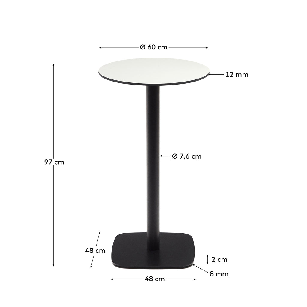 Dina high round outdoor table in white with metal leg in a painted black finish, Ø60x96 cm