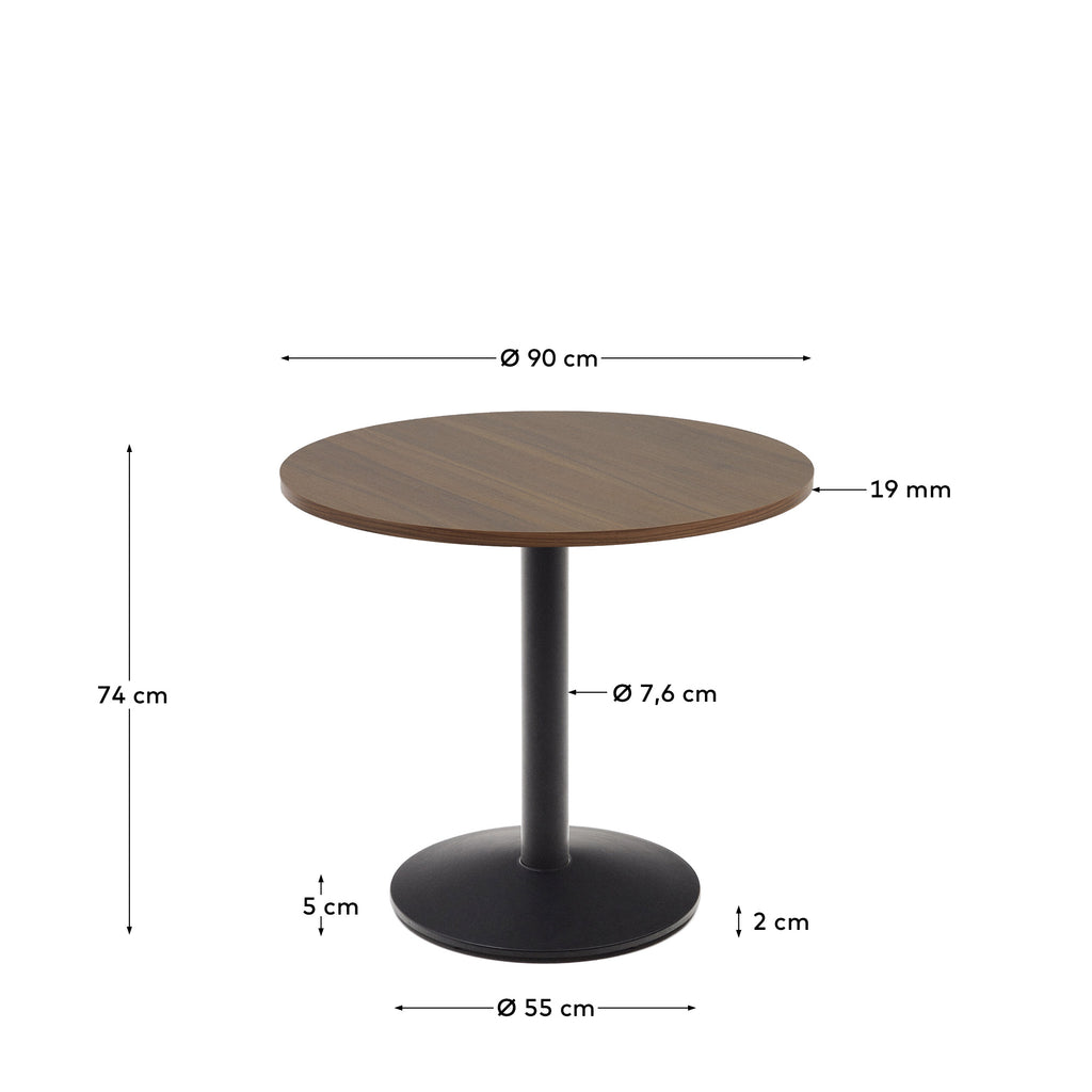 Esilda round table in walnut finish melamine with metal leg in a painted black finish, Ø90x70cm