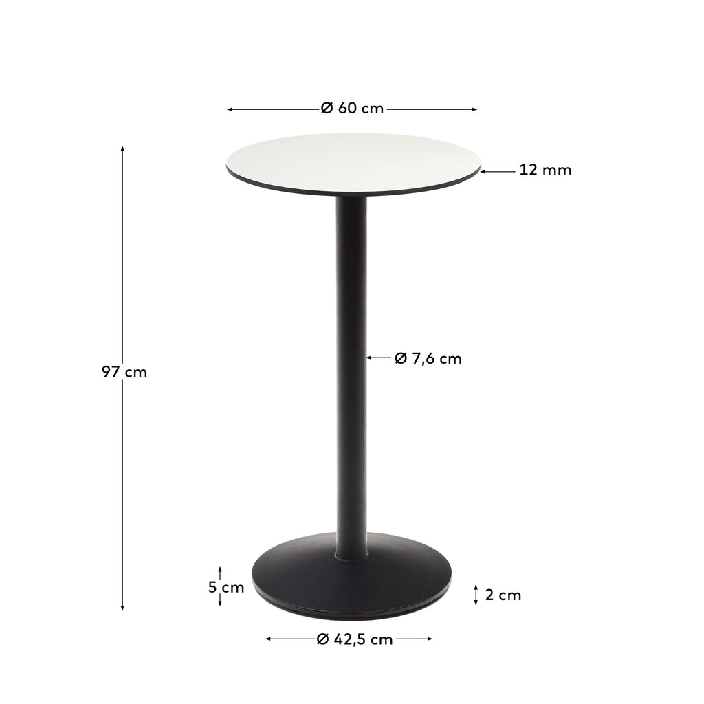 Esilda high round outdoor table in white with metal leg in a painted black finish, Ø 60 x 96 cm