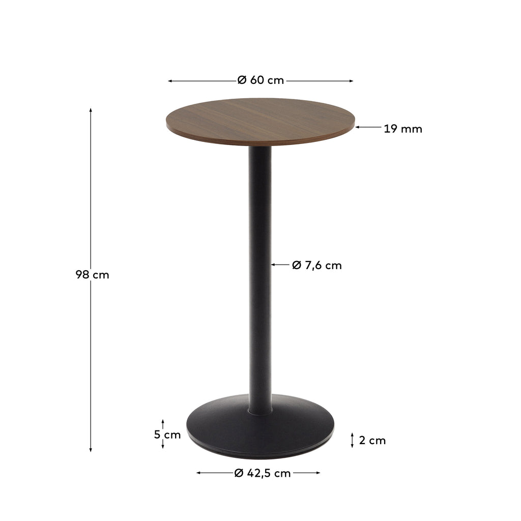 Esilda high round table in walnut finish melamine with metal leg in a painted black finish, Ø60x96cm