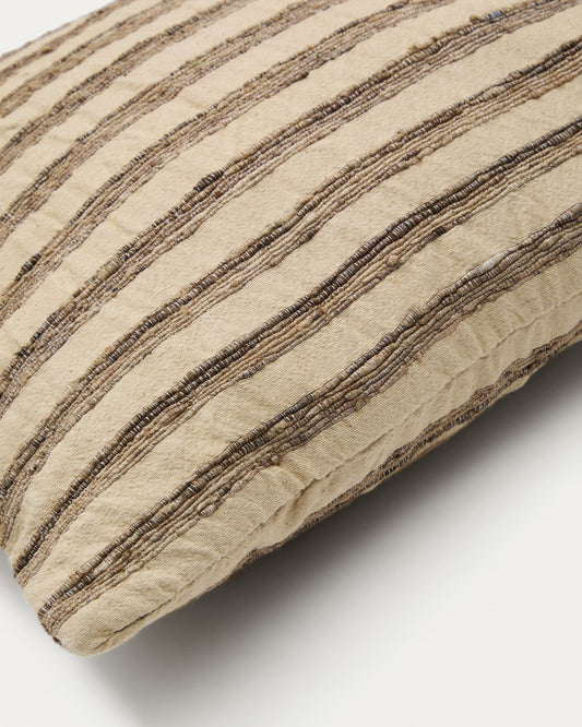 Enara cushion cover in beige and brown striped silk and cotton, 45 x 45 cm