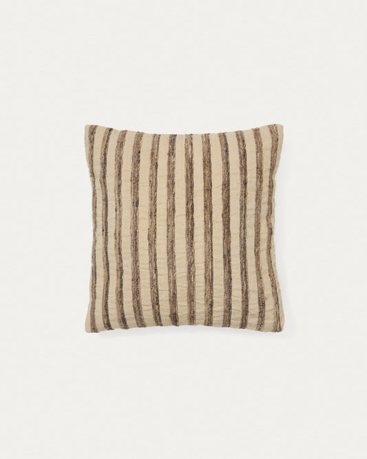 Enara cushion cover in beige and brown striped silk and cotton, 45 x 45 cm