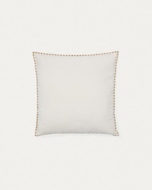 Rakira beige cotton cushion cover with mustard-coloured embroidery feature, 45 x 45 cm