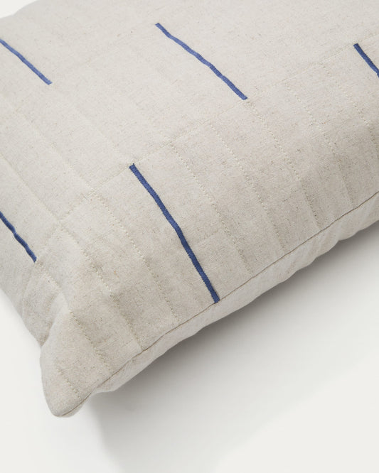 Blaina cushion cover in white linen with a blue embroidery feature, 45 x 45 cm