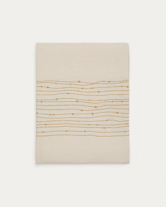 Flia white linen and cotton tablecloth gold-coloured lurex embroidered detail, 150 x 250 cm