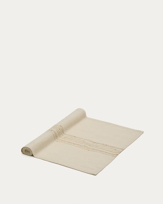 Flia white linen and cotton table runner with gold-coloured lurex embroidered detail