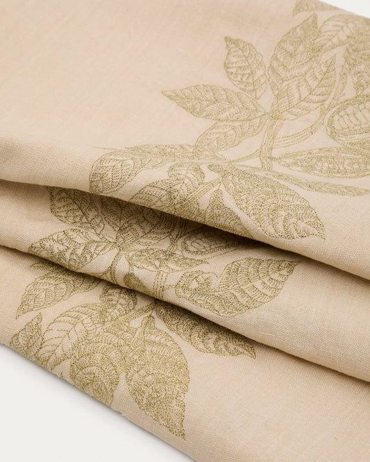 Oreti tablecloth in beige cotton and linen and cocoa embroidery feature, 150x250cm