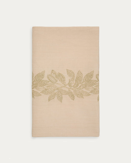 Oreti tablecloth in beige cotton and linen and cocoa embroidery feature, 150x250cm