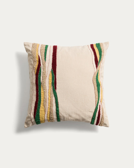 Sirea cotton linen cushion cover with multicoloured embroidery detail 50 x 50cm