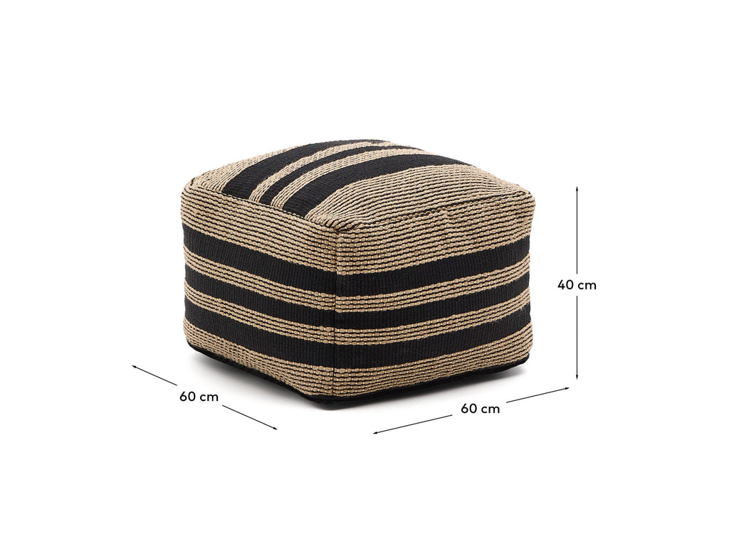 Aylin beige and black jute-embroidered cotton pouf 60 x 60 cm