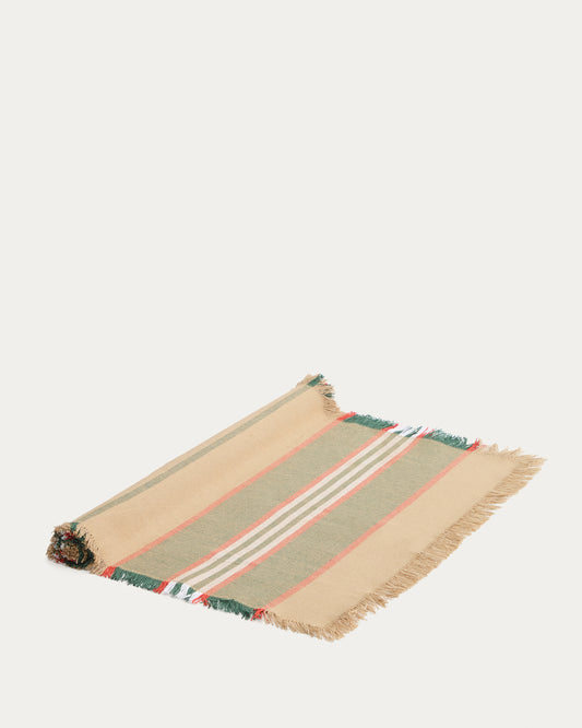 Davia 100% cotton table runner with green stripes and fringed detail 50 x 150cm