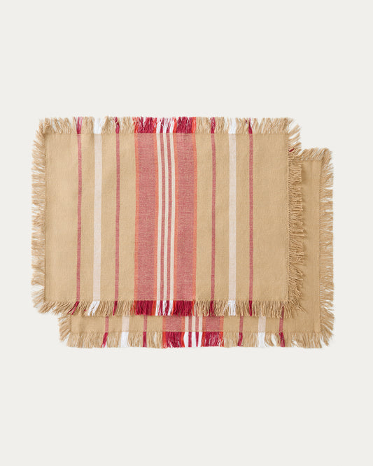Davia set of 2 placemats in 100% cotton with red stripes and fringed detail 35 x 50cm