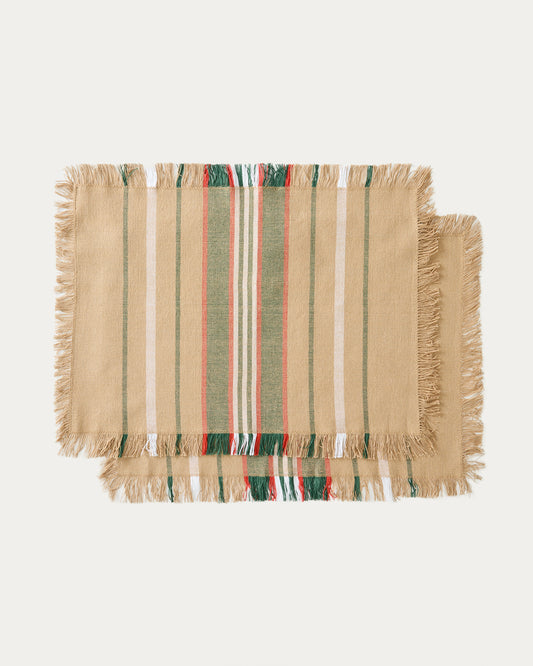 Davia set of 2 placemats in 100% cotton with green stripes and fringed detail 35 x 50cm