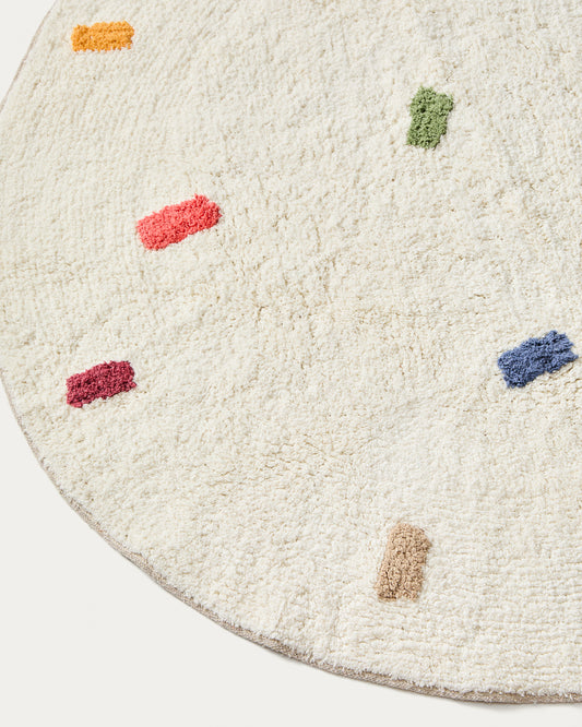 Epifania round rug 100% cotton white with multicoloured dots Ø 100 cm
